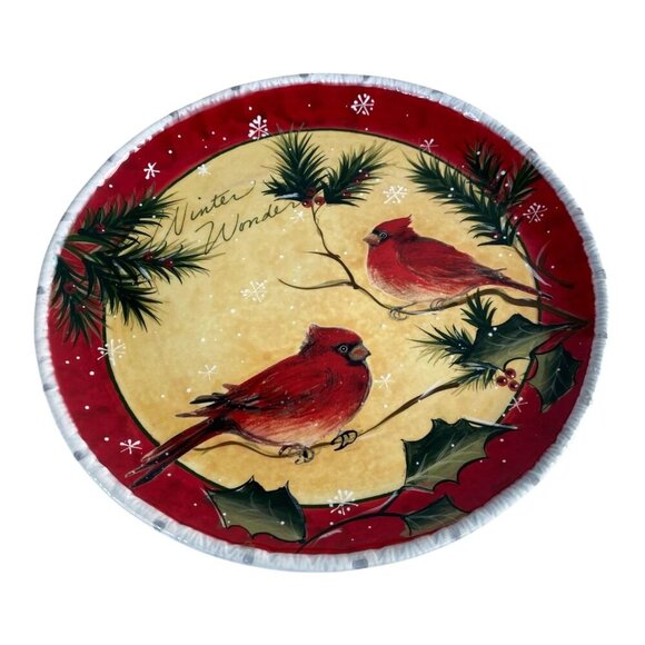 Pier 1 Holly Birds Earthenware 11.5" Dinner Plate Cardinals Christmas Winter - Picture 3 of 5